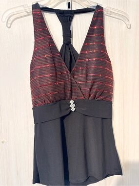 Black and Red Sequin V-Neck Halter Dress